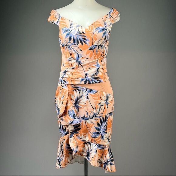 VENUS Dresses & Skirts - VENUS Tropical Print Off-Shoulder Midi Dress in Peach and Navy (rack 9)